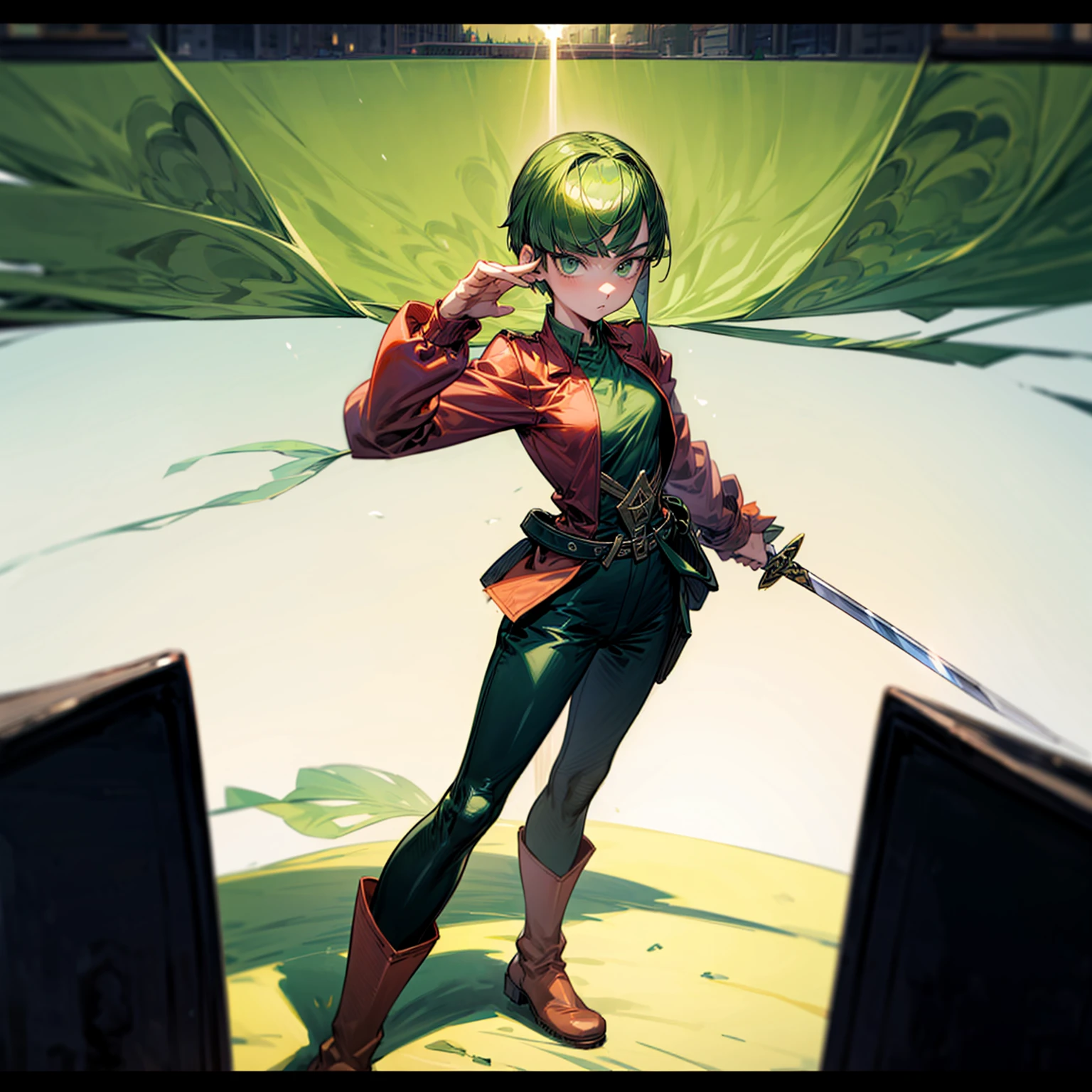 1girl, Full body version, 1character, green eyes, short haircut, green color hair, soldier style clothing, red colour clothing, boots, Grassroots, background street city, motion blur, (detective conan style art), standing gesture, sword in hand
