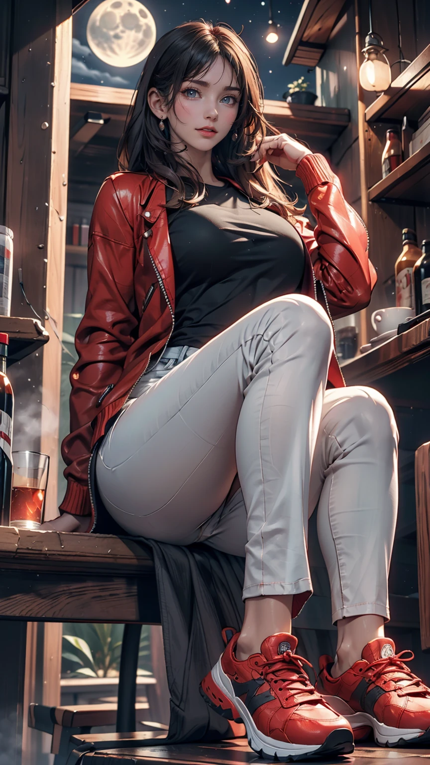 (Sci-fi fantasy), (masterpiece), (Professional Oil Painting) (Highest quality), (8k resolution), (1 beautiful girl), ((Pale grey skin)), (Iron grey skin), ((Jeans Clothes)),(Red jacket)), ((Black t-shirt underneath), ((Red lipstick)), ((Black sneakers)), (Concept Art), Small box, (Long Hair), (Messy Hair), (Gray Hair), (Iron-gray hair), ((With futuristic weapons)), (ammunition), ((Moonlight at night)), (Sit down and think))