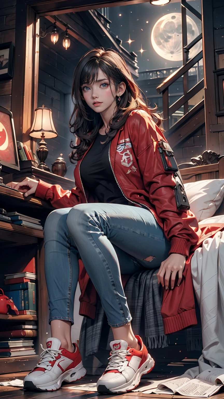 (Sci-fi fantasy), (masterpiece), (Professional Oil Painting) (Highest quality), (8k resolution), (1 beautiful girl), ((Pale grey skin)), (Iron grey skin), ((Jeans Clothes)),(Red jacket)), ((Black t-shirt underneath), ((Red lipstick)), ((Black sneakers)), (Concept Art), Small box, (Long Hair), (Messy Hair), (Gray Hair), (Iron-gray hair), ((With futuristic weapons)), (ammunition), ((Moonlight at night)), (Sit down and think))