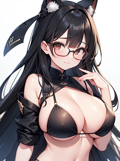 1 female、Long black hair、Large Breasts、Brown eyes、Black-rimmed glasses、Fascinating 、Gorgeous face、Perfect body。Highest quality、Ultra-detailed、8k resolution、RAW Photos、Tabletop。big、bikini。Laughter