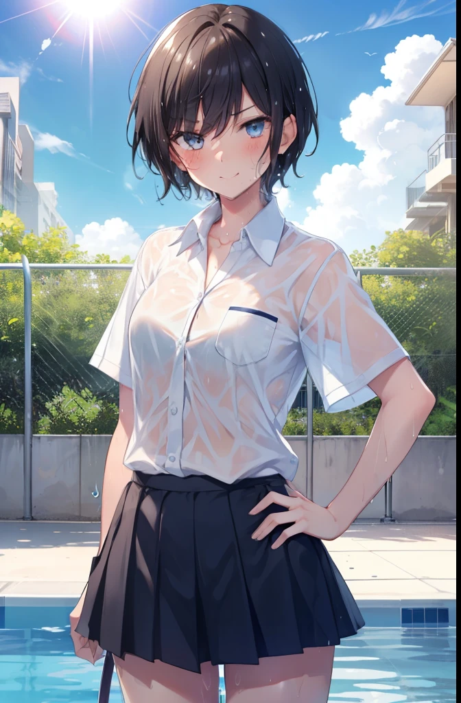 high school,Poolside,sunny,Girl 1,boyish,short hair,Black Hair,blue eyes,smile,Serious face,blush,Sweaty,Wet,Summer uniform for girls,Miniskirt,Cowboy Shot,Place hands on hips,sun,cloud,White shirt,