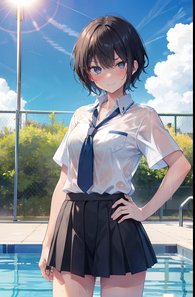 high school,Poolside,sunny,Girl 1,boyish,short hair,Black Hair,blue eyes,smile,Serious face,blush,Sweaty,Wet,Summer uniform for girls,Miniskirt,Cowboy Shot,Place hands on hips,sun,cloud,White shirt,