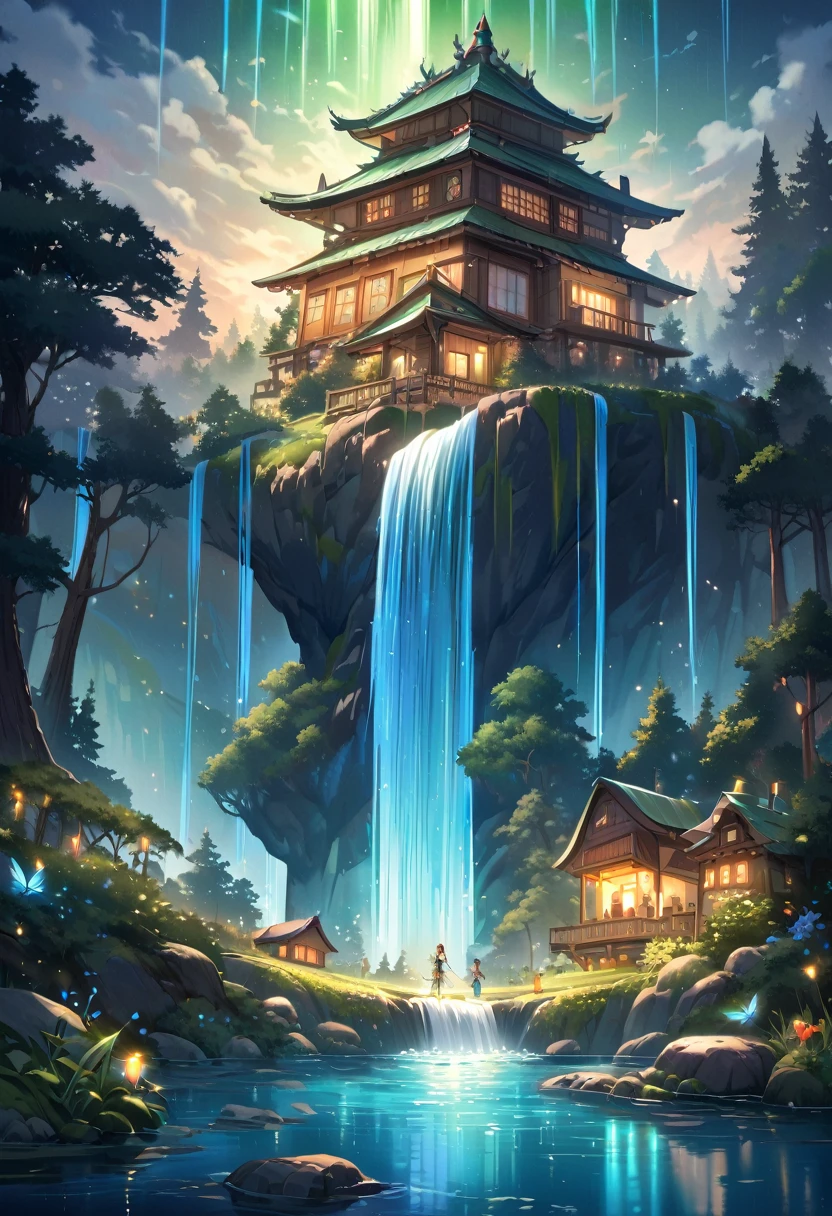 The atmosphere of a village where fairies live deep in the forest., A small forest fairy village, Trees cover half the sky, Hazy Mist, flowing stream of light, Winding small cascading waterfall, nice waterfall, Beautiful fantasy paintings, bioluminescence waterfall, golden heavenly light, Epic surrealist 8K oil painting, A small European-style house is a fairy house, lighting in the house, forest of giant trees, calm stream water, Magnificent tree, Moonlit night,