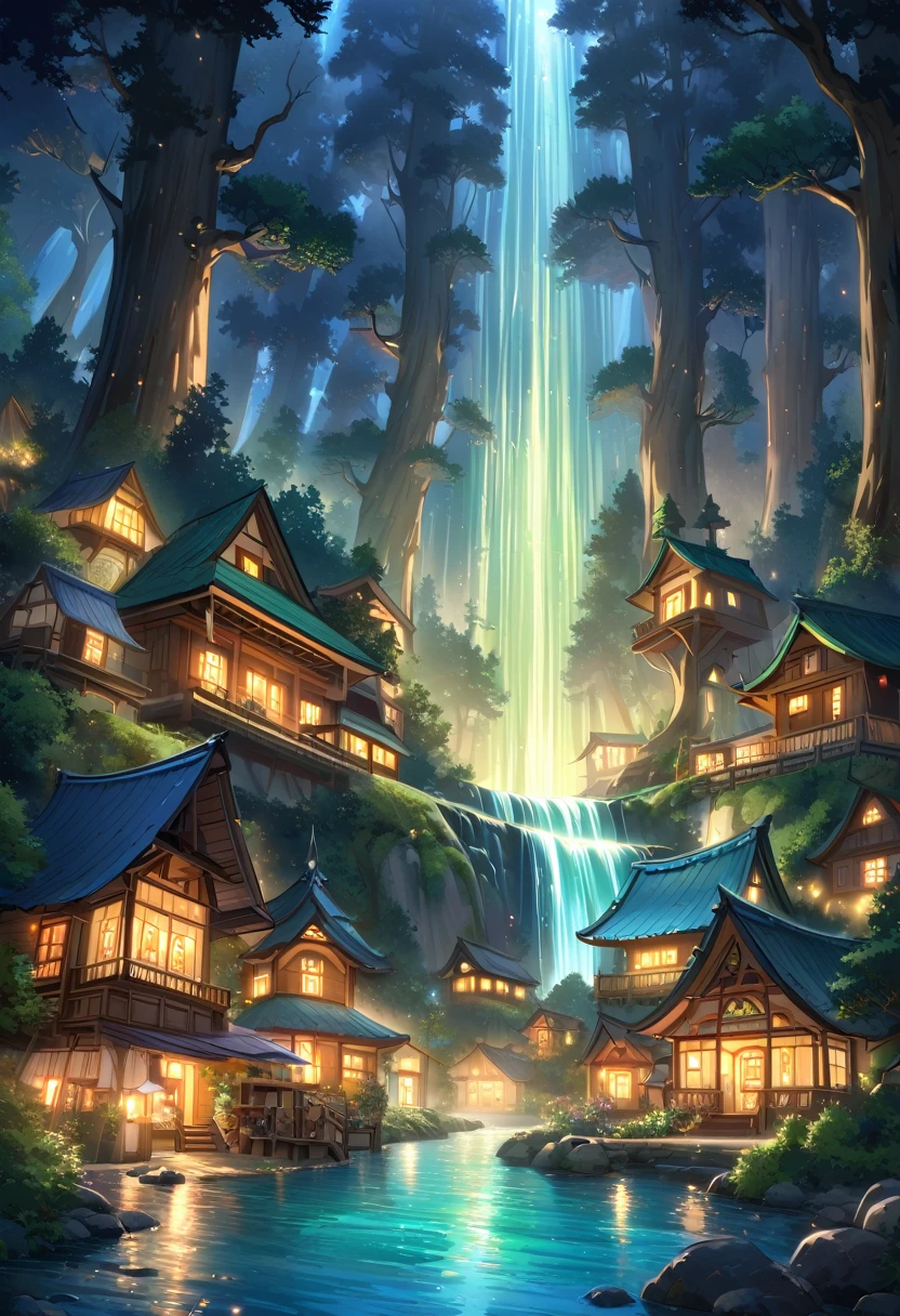 The atmosphere of a village where fairies live deep in the forest., A small forest fairy village, Trees cover half the sky, Hazy Mist, flowing stream of light, Winding small cascading waterfall, nice waterfall, Beautiful fantasy paintings, bioluminescence waterfall, golden heavenly light, Epic surrealist 8K oil painting, A small European-style house is a fairy house, lighting in the house, forest of giant trees, calm stream water, Magnificent tree, Moonlit night,