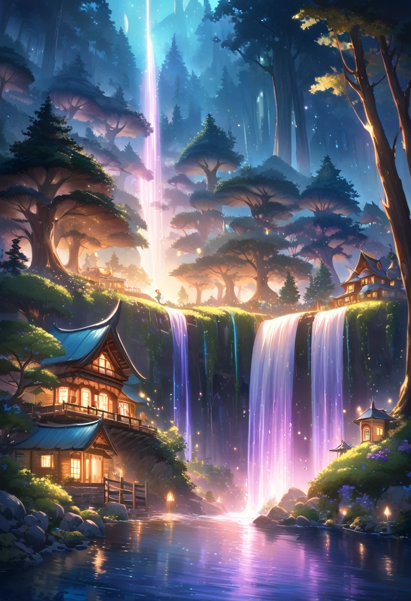 The atmosphere of a village where fairies live deep in the forest., A small forest fairy village, Trees cover half the sky, Hazy Mist, flowing stream of light, Winding small cascading waterfall, nice waterfall, Beautiful fantasy paintings, bioluminescence waterfall, golden heavenly light, Epic surrealist 8K oil painting, A small European-style house is a fairy house, lighting in the house, forest of giant trees, calm stream water, Magnificent tree, Moonlit night,
