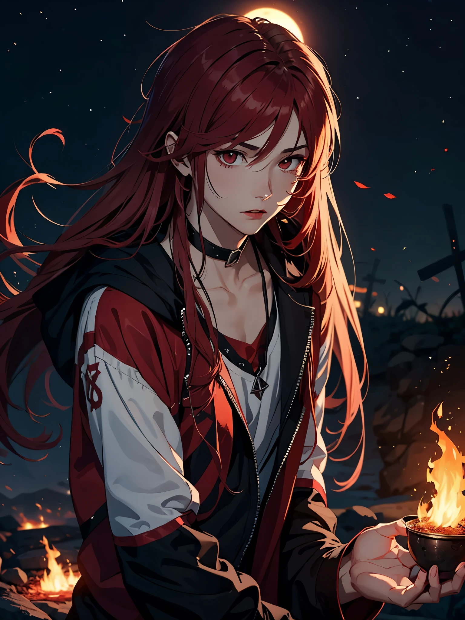  Red lipstick. Runes. 火. 火rote Haare. Red hair. Red eyeliner. Red Moon. More anime. male. Long hair. Boy.