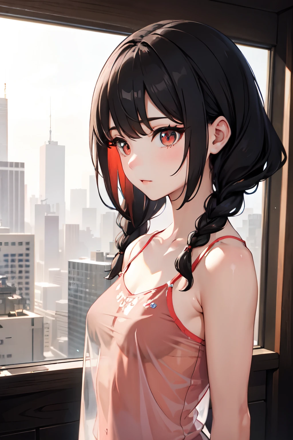 Optimal,masterpiece,High resolution,Highest quality,Hyper HD,Very detailed,Award-winning,16K,alone,(Upper Body),Correct Anatomy,Beautiful Cyberpunk Girl,Cowboy Shot、Cute Face,,Black Hair、Long Hair、Twin tails、Braiding, Hairline,((Scarlet Eyes)),Long eyelashes,Drooping eye corners,White skin,Shoot from the side, ((See-through camisole:1.5)), 、rocket , (Because I'thin),