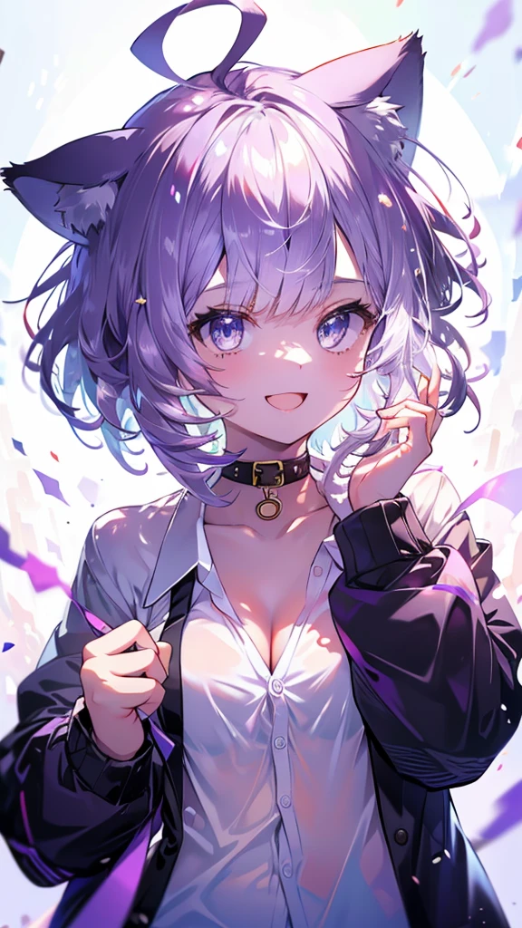 (Ultra-high resolution,masterpiece, Attention to detail, Highest quality), 8k,(aaokayu, short hair, ahoge, animal ears, cat tail, black collar, neck ribbon, purple ribbon, collarbone, cleavage, dress shirt, collared shirt, button gap, black jacket, open clothes),(Blessed,Captivating body、Ultra-detailed skin、Super beautiful eyes、Detailed Background),One girl、 (cheerful ,enjoy :1.5),