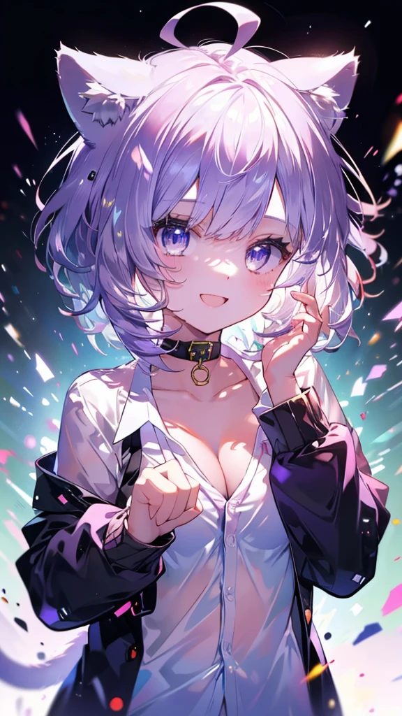 (Ultra-high resolution,masterpiece, Attention to detail, Highest quality), 8k,(aaokayu, short hair, ahoge, animal ears, cat tail, black collar, neck ribbon, purple ribbon, collarbone, cleavage, dress shirt, collared shirt, button gap, black jacket, open clothes),(Blessed,Captivating body、Ultra-detailed skin、Super beautiful eyes、Detailed Background),One girl、 (cheerful ,enjoy :1.5),