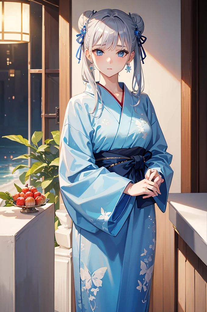 High resolution, masterpiece, accurate, Anatomically correct, Winner of numerous awards, Highest quality, High-resolution model,
One girl, solo,
Silver Hair,Bun Hair,
Crystal Earrings, Ice Blue Eyes Yukata, Butterfly Hair Ornament,Candy apple in one hand