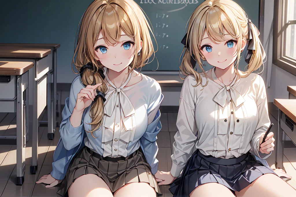 nsfw,High resolution、High resolution、high quality、masterpiece、1 female、Ellen Baker、School classmates、18-year-old、blonde、blue eyes、School classroom、sitting on desk、Squatting pose、attractive way to sit、Cute pose、blackboard、smile、((Head to toe))、((Close-up of a woman))、(((school uniform))),((White Shirt)),((Blue Neck Ribbon)),((Pleated skirt))、Black knee-high socks、White knee-length loose socks、loafers,show panty,Yellow-green panties、Award-winning design panties、((I was made to sit with my legs apart...))