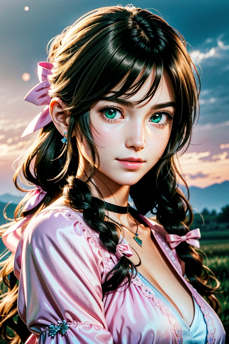 (masterpiece, 最high quality)
Aeris FF7, 1 Girl, alone, Long Hair, bangs, Brown Hair, dress, bow, ribbon, jewelry, Closed Mouth, Green Eyes, Red jacket, hair ピンクribbon, Upper Body, Braid, hair bow, Side Lock, choker, necklace, lips, parted bangs, pink bow, Portraiture, ピンクdress, Photorealistic,Ultra HD,high quality,masterpiece,Digital SLR,Detailed details,Intricate details,Anatomical basis,Depicted in detail,A detailed face,Realistic skin texture,Vivid details,Perfect Anatomy,Perfect Anatomy,Anatomically correct hand,Anatomically correct fingers,Super Detail,Complex 3D rendering,Huge ,Sexy pose,Beautiful hydrangea,Rainy Sky,Beautiful scenery,Fantastic rainy sky,Beautiful night sky,Picturesque,Pink Lips,smile,Fantastic butterflies々,