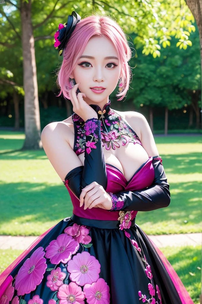 (masterpiece:1.4), (best quality:1.4), ultra high res, ultra high resolution, ((detailed facial features)), HDR, (realistic, photorealistic, photo-realistic:1.37), full body Esbian, sexy Vietnamese model, (-anime), vivid colors, ((vivid colors multicolor (pink, fuchsia, purple) very short hair)), (happy smile), lip-gloss, long lashes, ultra detailed metallic makeup, defined eyebrows, wearing large sparkling colorful jewelery, wearing a red silk Paradise Kiss cosplay dress with black floral embroidery, ((vivid colors outfit)), vivid colors, look at the camera, cinematic light, large park background with trees, sweet and sexy pose