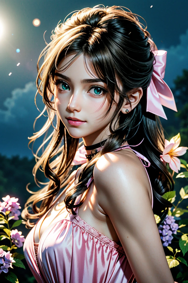 (masterpiece, 最high quality)
Aeris FF7, 1 Girl, alone, Long Hair, bangs, Brown Hair, dress, bow, ribbon, jewelry, Closed Mouth, Green Eyes, Red jacket, hair ピンクribbon, Upper Body, Braid, hair bow, Side Lock, choker, necklace, lips, parted bangs, pink bow, Portraiture, ピンクdress,  Photorealistic,Ultra HD,high quality,masterpiece,Digital SLR,Detailed details,Intricate details,Anatomical basis,Depicted in detail,A detailed face,Realistic skin texture,Vivid details,Perfect Anatomy,Perfect Anatomy,Anatomically correct hand,Anatomically correct fingers,Super Detail,Complex 3D rendering,Huge ,Sexy pose,Beautiful hydrangea,Rainy Sky,Beautiful scenery,Fantastic rainy sky,Beautiful night sky,Picturesque,Pink Lips,smile,Fantastic butterflies々,
