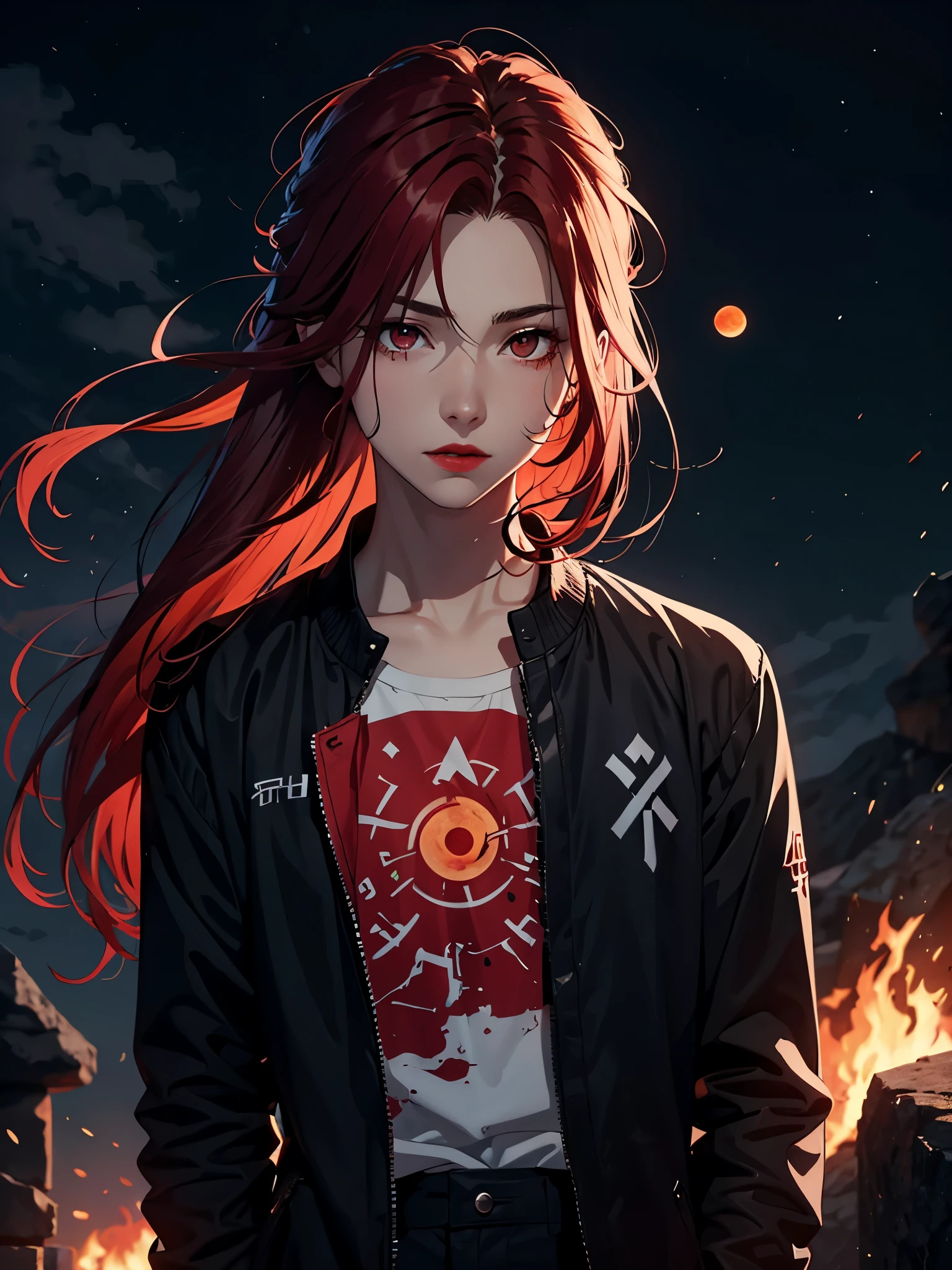 Red lipstick. Runes. 火. 火rote Haare. Red hair. Red eyeliner. Red Moon. More anime. male. Long hair. Boy.