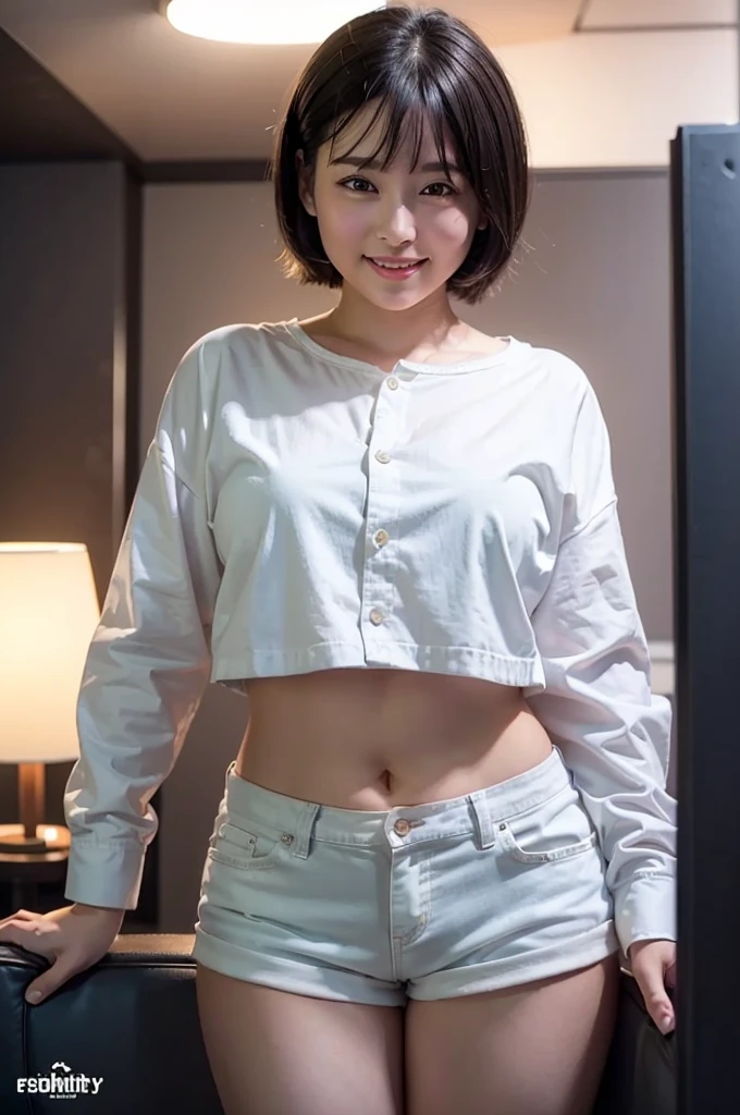 Highest quality, masterpiece, Ultra-high resolution, (reality: 1.4), Original photo, One Girl, mature, Smile, short hair, Plump body, White shorts, Button gap:1.35, Cinema Lighting, From below