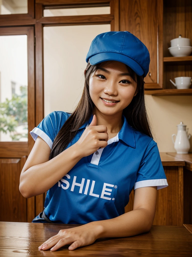 A 30-year-old Chinese female carpenter is making a table out of wood. He is wearing a blue work uniform and a blue hat. The JSP logo is written on hats and clothes. A smiling expression. The furniture material used to make the table should be natural light brown wood, thumbs up. Solid pine wood, indoor background, captured with a digital SLR camera