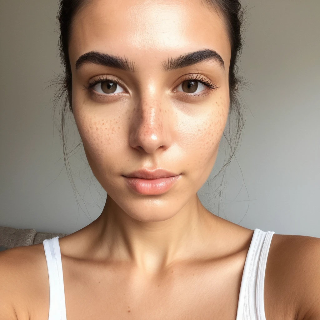 (front facing camera),(Texture de la peau, pores, naturel,iPhone,BRUT)), bright and sunny lighting, Full body photo'a woman with her hair styled to the side and wearing a ((tight)) elastic top with long sleeves and straps,regardant droit vers la caméra, nikon z9, Realistic matte skin,blurred landscape with green trees and grassy hills in the background she is playing soccer