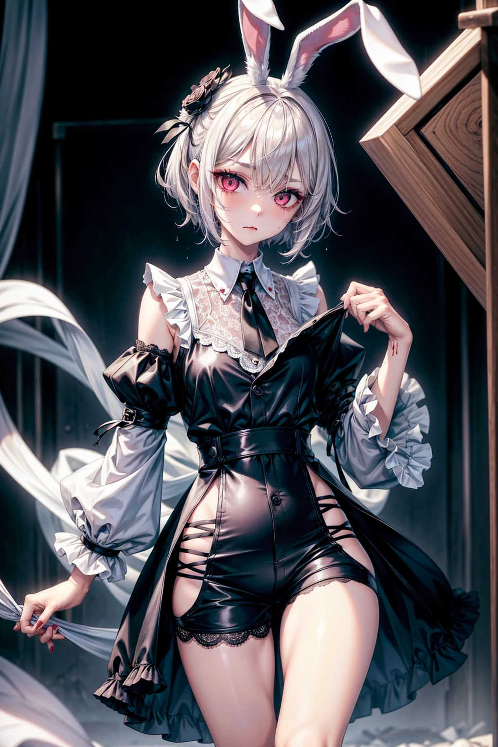 masterpiece, Highest quality, High resolution, One boy, Cream colored hair, Gray Hair, Pearly hair, Nice boy, Bunny ears, Loose-fitting clothing, Larger clothes, dark red eye, eyeの下のたるみ, dark circles under eye, やみcute, Fluffy hair, Voluminous Hair, skinny, slim, very skinny, Androgynous, cute, Spooky, short hair, Horror, Faded colors, White skin, Spooky, Unnaturally thin, Hungry, eye, eye in background, sharp eye, Long eyelashes, Under the lashes, Loose shorts, lace shirt, Frilled shirt, tie a ribbon around one's neck, Detailed clothing, A loose cardigan, Open cardigan, Dripping Blood, That's horrible, nightmare, Haunted, stitch, patchwork, String, Injury, hell, Injury on arms, self-harm, cut, Black Fingers, factory, Abandoned, Scattered, Shocking pink lipstick,, She's wearing cute makeup, Large breasts,