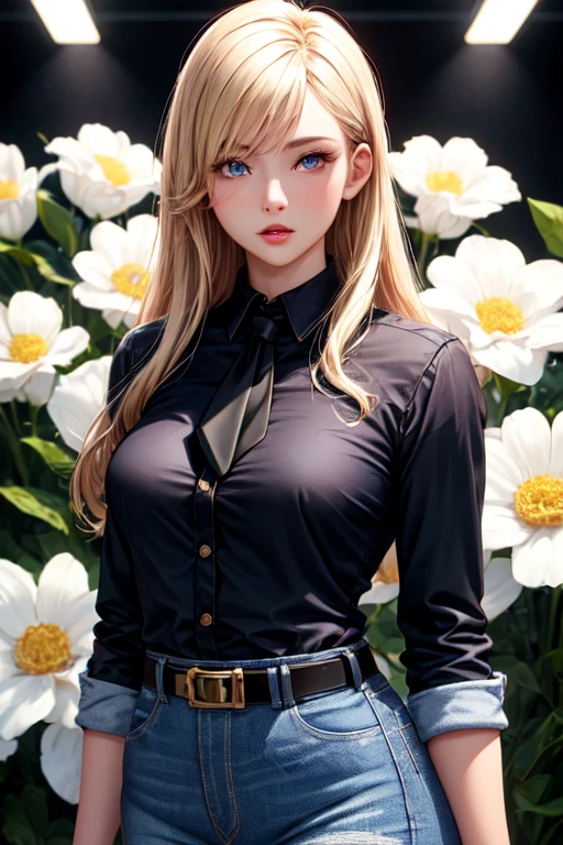 Hair blond long , eyes brown,lips red,body curvy ,shirt tall white with flowers, jeans, belt pants black,Tie neck Black,cinematic lighting, ultra detailed, perfect face 