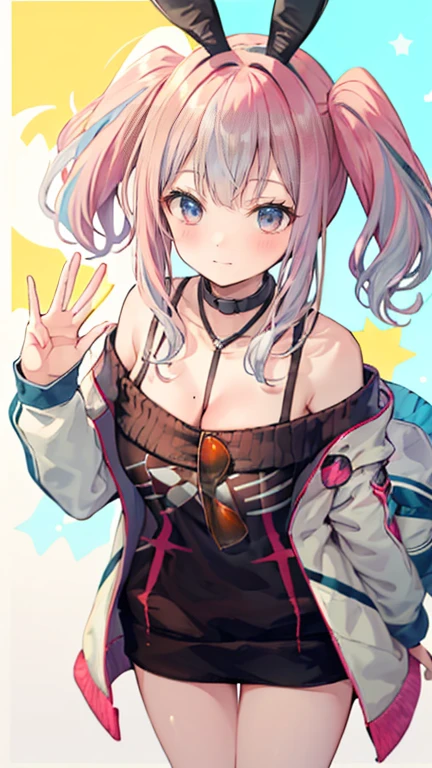 silver hair, hair behind ear, hair two side up, rabbit ears, shy, ray tracing, masterpiece, accurate, textured skin, high quality, high details, best quality, super detail, Japanese high school girl, casual clothes, holiday walk, waving, Heart symbols, from above