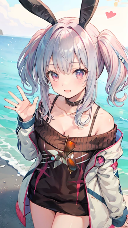 silver hair, hair behind ear, hair two side up, rabbit ears, shy, ray tracing, masterpiece, accurate, textured skin, high quality, high details, best quality, super detail, Japanese high school girl, casual clothes, holiday walk, waving, Heart symbols, from above