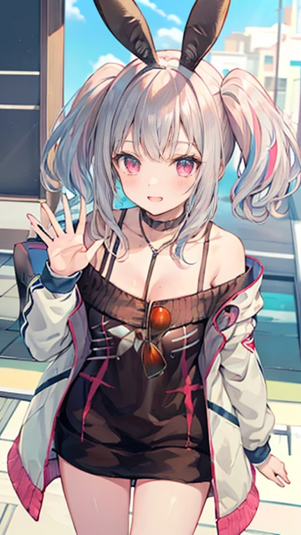 silver hair, hair behind ear, hair two side up, rabbit ears, shy, ray tracing, masterpiece, accurate, textured skin, high quality, high details, best quality, super detail, Japanese high school girl, casual clothes, holiday walk, waving, Heart symbols, from above