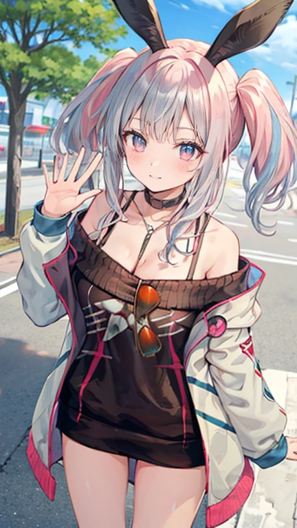 silver hair, hair behind ear, hair two side up, rabbit ears, shy, ray tracing, masterpiece, accurate, textured skin, high quality, high details, best quality, super detail, Japanese high school girl, casual clothes, holiday walk, waving, Heart symbols, from above