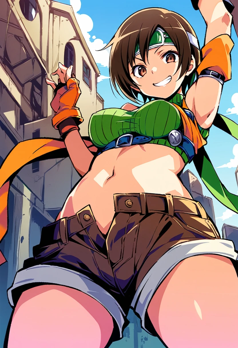 score_9, score_8_up, score_7_up,,BREAK , from below,below view.,mediumshot,(arm up),looking_at_viewer,soro focus,1girl, yuffie kisaragi, final fantasy, short hair,headband,navel,sleeveless,turtleneck,brown eyes,sleeveless turtleneck,solo,breasts,looking at viewer,smile,gloves,crop top,brown hair,shorts,midriff,,sweater,open fly,armor,fingerless gloves,ribbed sweater,medium breasts,,smile,smug,best quality,aesthetic,very aesthetic,masterpiece,high-resolution, Vector graphics (Proportion).