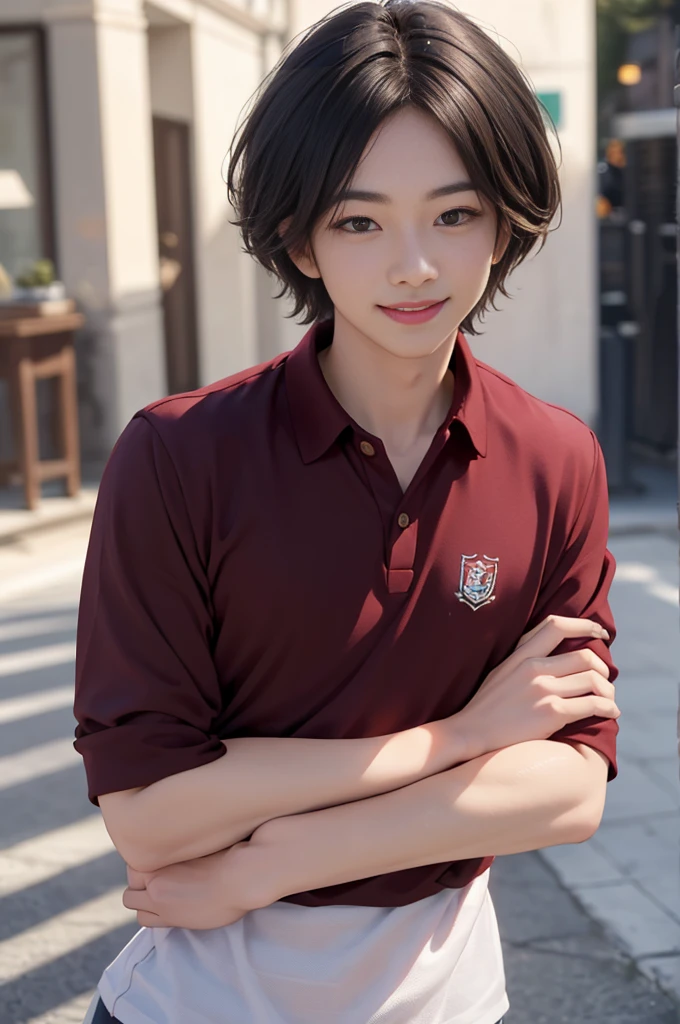 (best quality, 4K, 8k, high resolution, Masterpiece: 1.2), Special details, (realistically, As realistic as a photo, photo realistic: 1.37), Edge lighting, Extra detailed coloring, sharp focus, Physical rendering ,Extremely detailed description,professional,light color,Bokeh,Portrait,look at the viewer, Young Asian man, 20 years old ,(wearing a brown polo shirt), smile ,Wide yard