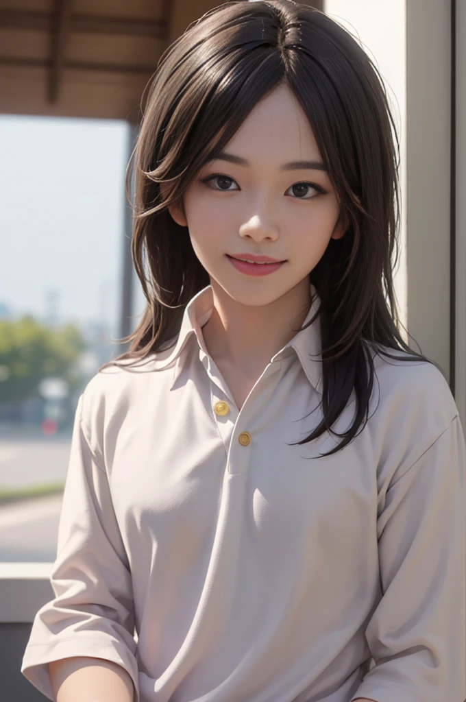 (best quality, 4K, 8k, high resolution, Masterpiece: 1.2), Special details, (realistically, As realistic as a photo, photo realistic: 1.37), Edge lighting, Extra detailed coloring, sharp focus, Physical rendering ,Extremely detailed description,professional,light color,Bokeh,Portrait,look at the viewer, Young Asian man, 20 years old ,(wearing a brown polo shirt), smile ,Wide yard