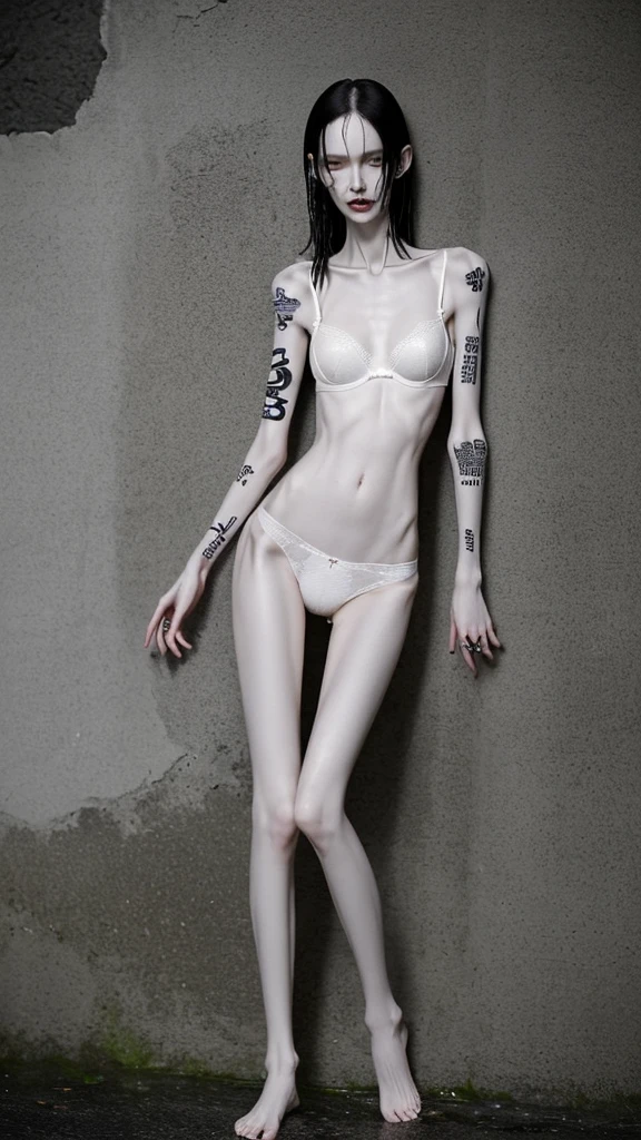 a woman, very thin body, body visible bones, very slender, body is very wet, pale white skin, panties, bra,tatto, full body, has a mental breakdown in an underground prison