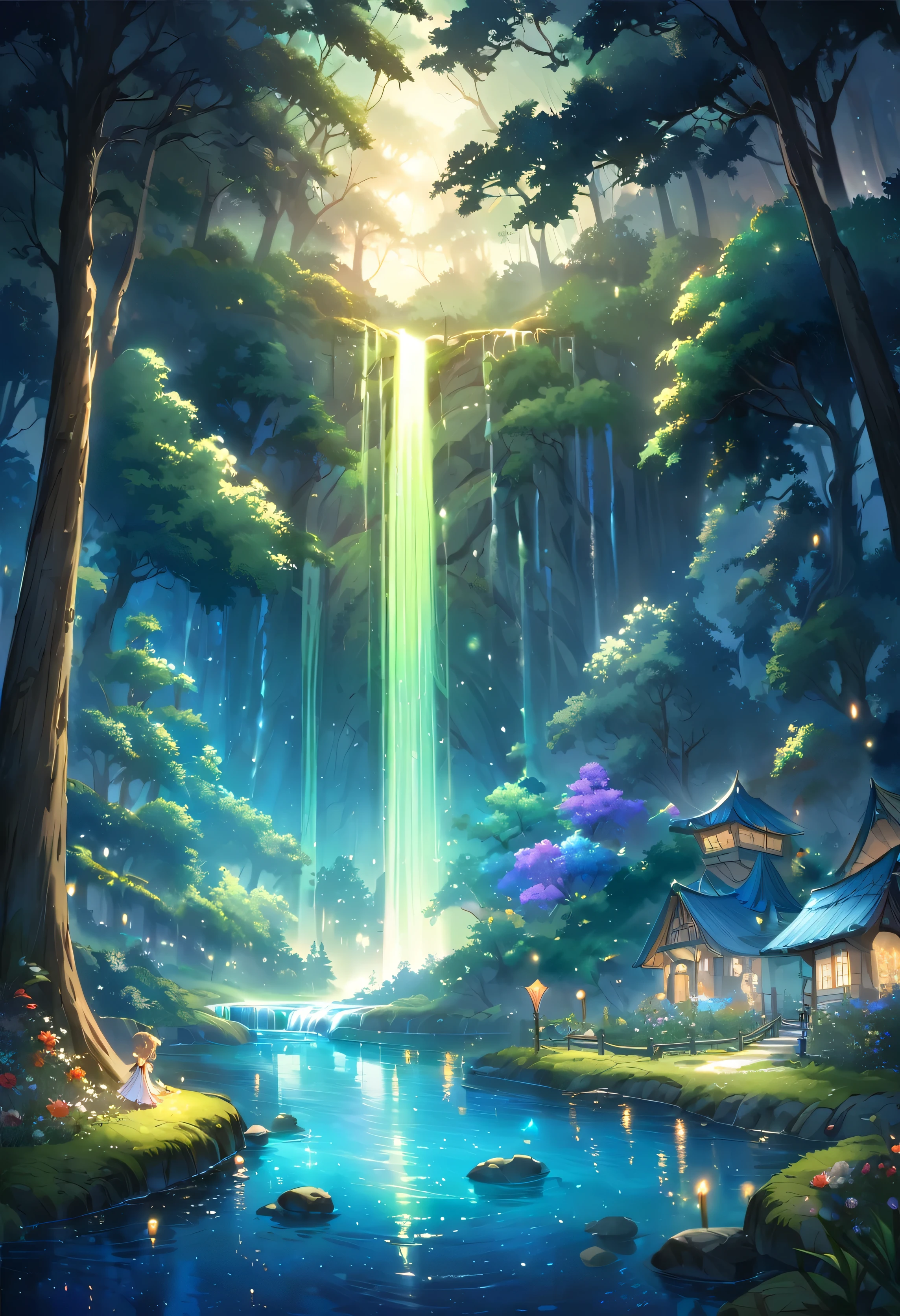 The atmosphere of a village where fairies live deep in the forest., A small forest fairy village, Trees cover half the sky, Hazy Mist, flowing stream of light, Winding small cascading waterfall, nice waterfall, Beautiful fantasy paintings, bioluminescence waterfall, golden heavenly light, Epic surrealist 8K oil painting, A small European-style house is a fairy house, lighting in the house, forest of giant trees, calm stream water, Magnificent tree, Moonlit night,