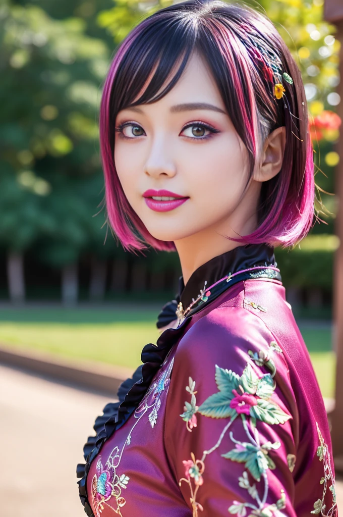 (masterpiece:1.4), (best quality:1.4), ultra high res, ultra high resolution, ((detailed facial features)), HDR, (realistic, photorealistic, photo-realistic:1.37), full body Esbian, sexy Japanese model, (-anime), only 1 model, vivid colors, ((vivid colors multicolor (fuchsia, pink, light blue, purple) very short hair)), (happy smile), lip-gloss, long lashes, ultra detailed metallic makeup, defined eyebrows, wearing a red silk Paradise Kiss cosplay dress with black floral embroidery, ((vivid colors outfit)), vivid colors, look at the camera, cinematic light, large park background with trees, sweet and sexy pose