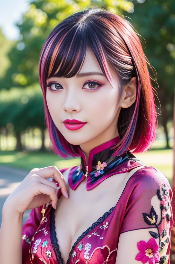 (masterpiece:1.4), (best quality:1.4), ultra high res, ultra high resolution, ((detailed facial features)), HDR, (realistic, photorealistic, photo-realistic:1.37), full body Esbian, sexy Japanese model, (-anime), only 1 model, vivid colors, ((vivid colors multicolor (fuchsia, pink, light blue, purple) very short hair)), (happy smile), lip-gloss, long lashes, ultra detailed metallic makeup, defined eyebrows, wearing a red silk Paradise Kiss cosplay dress with black floral embroidery, ((vivid colors outfit)), vivid colors, look at the camera, cinematic light, large park background with trees, sweet and sexy pose