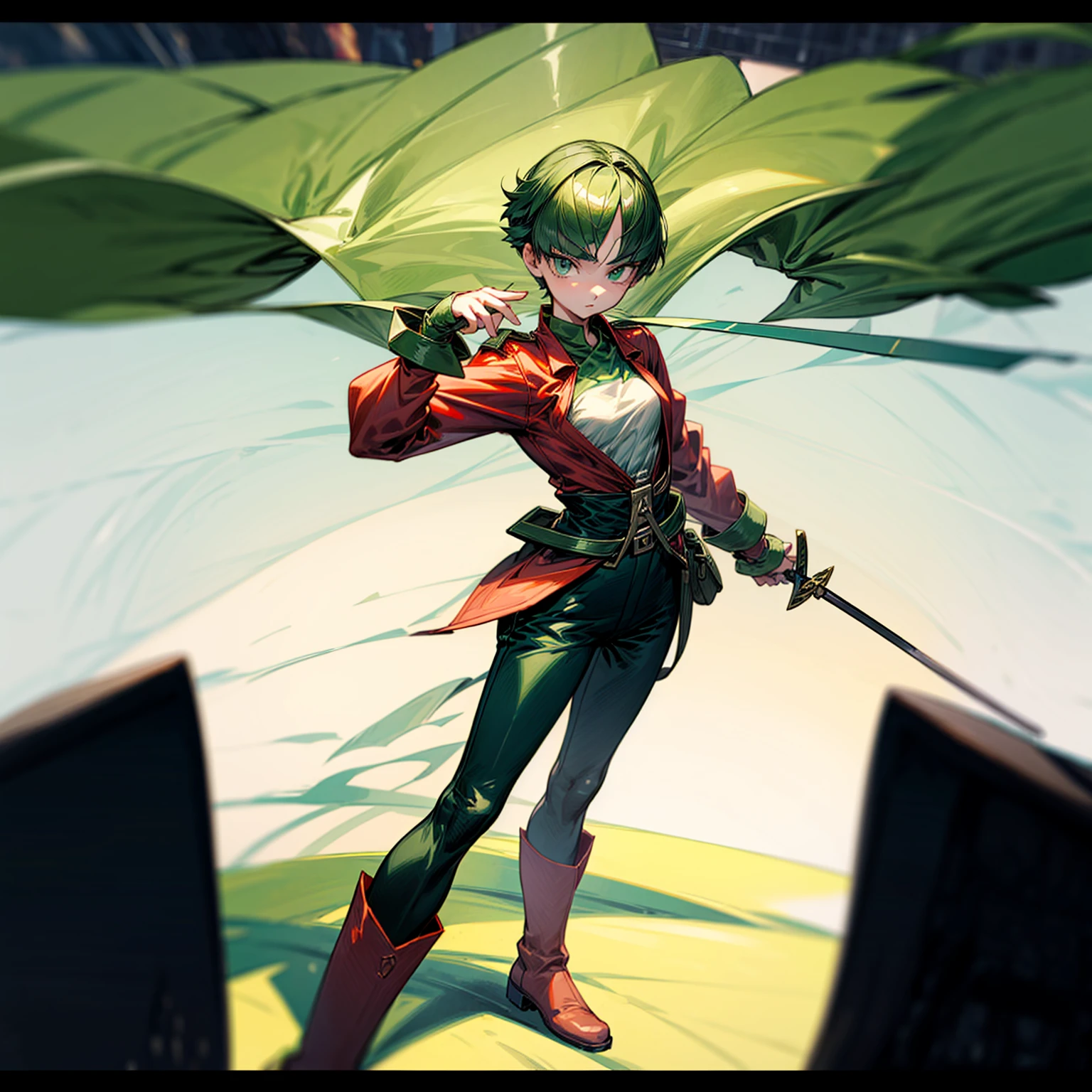 1girl, Full body version, 1character, green eyes, short haircut, green color hair, soldier style clothing, red colour clothing, boots, Grassroots, background street city, motion blur, (detective conan style art), standing gesture, sword in hand