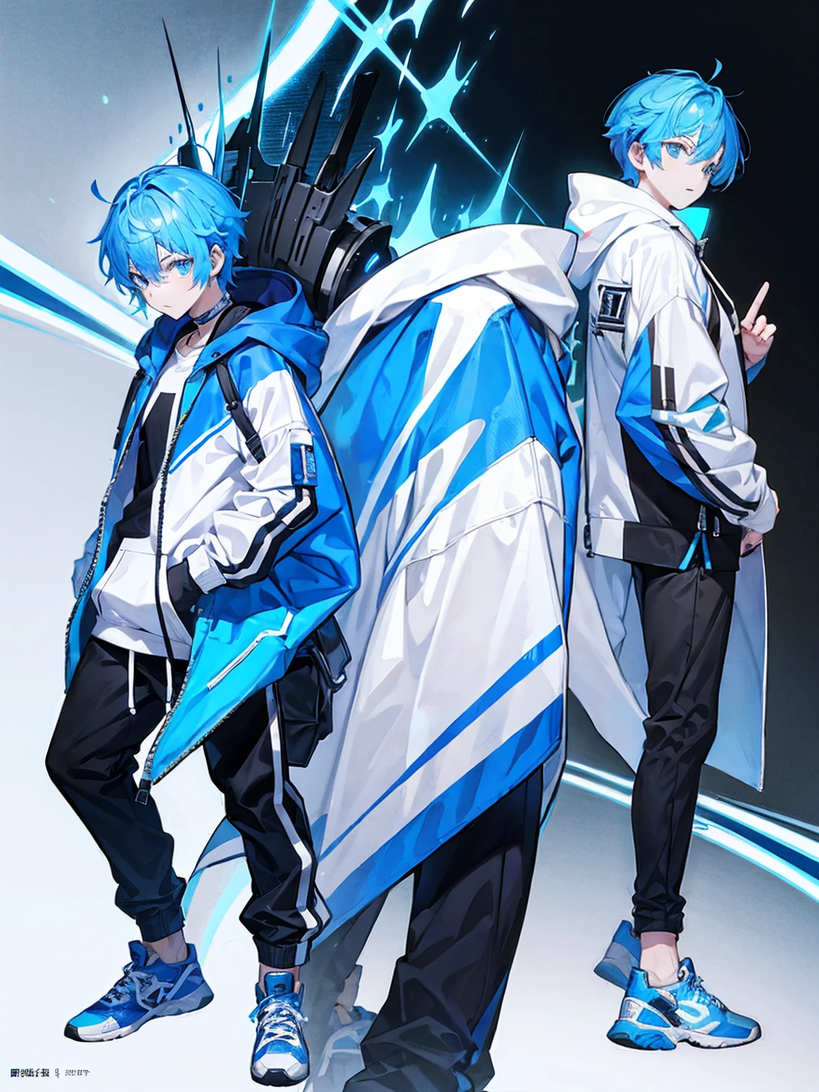 White zip hoodie、male、whole body、Front opening hoodie、Concept Art、Blue Hair、