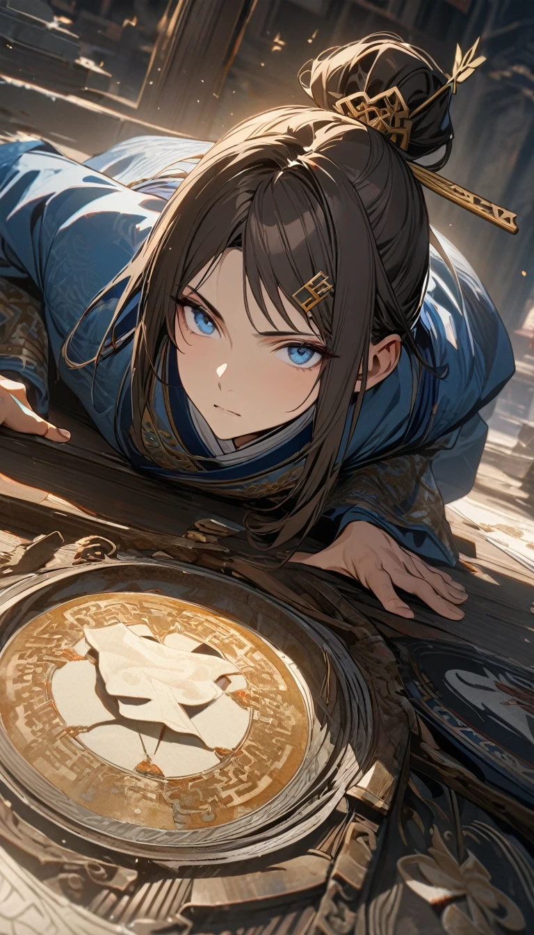 young boy, short brown hair, blue eyes, Daosist hairpin, blue hanfu, dao magic, Dao, Masterpiece, best quality, Full HD, 8k, ultra details, great graphic