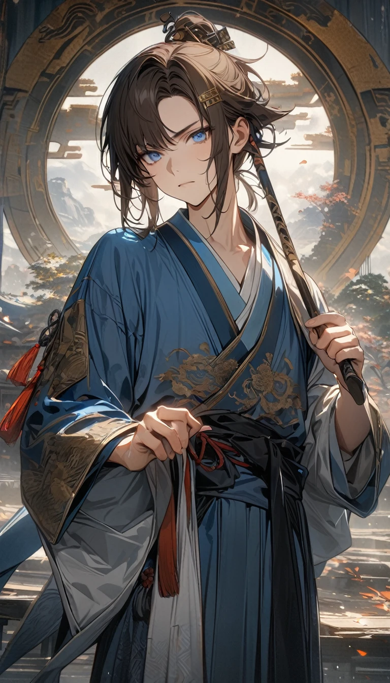 young boy, short brown hair, blue eyes, Daosist hairpin, blue hanfu, dao magic, Dao, Masterpiece, best quality, Full HD, 8k, ultra details, great graphic