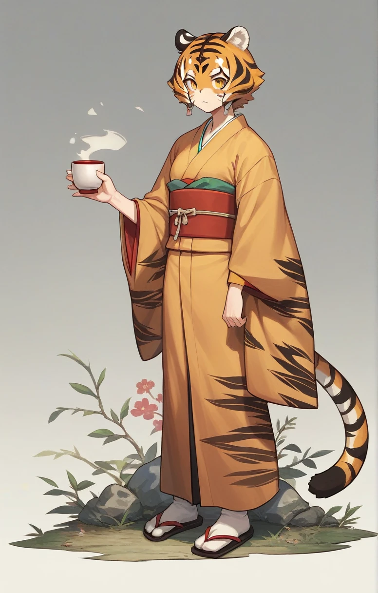 the (manga or anime) character ,((tiger girl)) , wearing (Japanese clothes) and (袴), (empty hand) , (A cup), full body --ar 4:7 --s 40