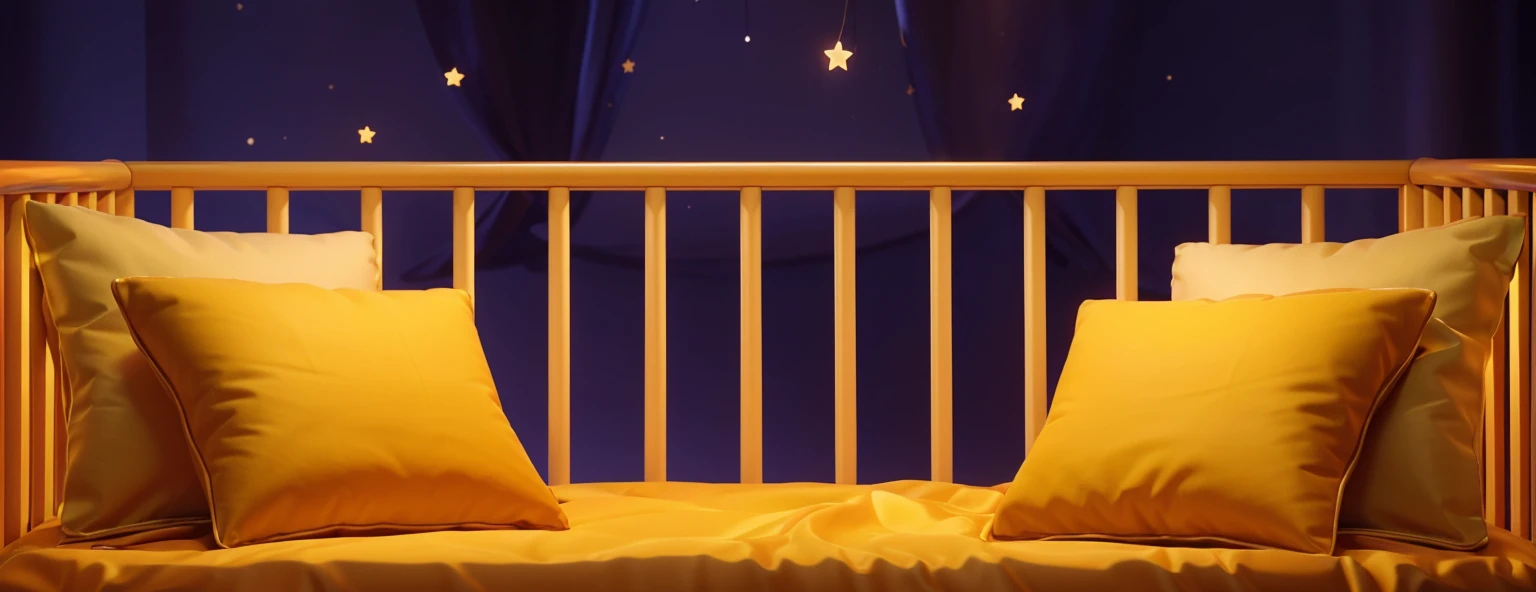 The image features a cozy, inviting children's cot. The cot is styled with wooden sides painted in a warm, rich orange tone. It's adorned with plush golden-yellow bedding and two large pillows that add comfort and aesthetic appeal. Behind the cot, deep purple curtains are draped, adorned with tiny, glowing star motifs and string lights that create a soothing, starry night ambiance. This setting evokes a peaceful and magical atmosphere, suitable for a child's dreamy bedtime environment.The purple background adds a vibrant contrast to his attire and accessories.аffects render, (glossy plastic texture with multiple big light probe refractions), perfect cgi, smooth silhouette, high intensity refraction, (super glossy plastic material), most beautiful vfx, , realistic, 4k, high resolution, rim light, smooth 3d model, multiple light sources, rim light, sharp post effects render,, realistic, 4k, high resolution, rim light detailed digital art, reflective, best quality, 4k, masterpiece:1.2, ultra-detailed, realistic, vivid colors, The image of the highest quality, ensuring every detail showcased perfectly. It in 4k resolution, allowing viewers to immerse themselves in the richness of the colors and intricate details. The realistic rendering. under the spotlight, reflecting, high-resolution image, realistic rendering