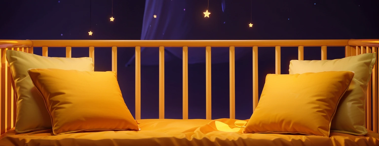 The image features a cozy, inviting children's cot. The cot is styled with wooden sides painted in a warm, rich orange tone. It's adorned with plush golden-yellow bedding and two large pillows that add comfort and aesthetic appeal. Behind the cot, deep purple curtains are draped, adorned with tiny, glowing star motifs and string lights that create a soothing, starry night ambiance. This setting evokes a peaceful and magical atmosphere, suitable for a child's dreamy bedtime environment.The purple background adds a vibrant contrast to his attire and accessories.аffects render, (glossy plastic texture with multiple big light probe refractions), perfect cgi, smooth silhouette, high intensity refraction, (super glossy plastic material), most beautiful vfx, , realistic, 4k, high resolution, rim light, smooth 3d model, multiple light sources, rim light, sharp post effects render,, realistic, 4k, high resolution, rim light detailed digital art, reflective, best quality, 4k, masterpiece:1.2, ultra-detailed, realistic, vivid colors, The image of the highest quality, ensuring every detail showcased perfectly. It in 4k resolution, allowing viewers to immerse themselves in the richness of the colors and intricate details. The realistic rendering. under the spotlight, reflecting, high-resolution image, realistic rendering