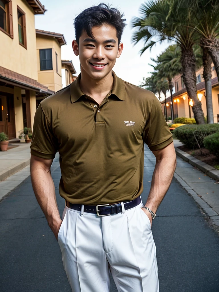 (best quality, 4K, 8k, high resolution, Masterpiece: 1.2), Special details, (realistically, As realistic as a photo, photo realistic: 1.37), Edge lighting, Extra detailed coloring, sharp focus, Physical rendering ,Extremely detailed description,professional,light color,Bokeh,Portrait,look at the viewer, Young Asian man, 20 years old ,(wearing a brown polo shirt), smile ,Wide yard