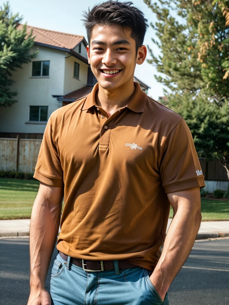 (best quality, 4K, 8k, high resolution, Masterpiece: 1.2), Special details, (realistically, As realistic as a photo, photo realistic: 1.37), Edge lighting, Extra detailed coloring, sharp focus, Physical rendering ,Extremely detailed description,professional,light color,Bokeh,Portrait,look at the viewer, Young Asian man, 20 years old ,(wearing a brown polo shirt), smile ,dining room