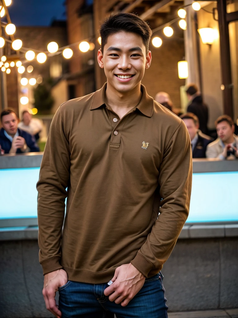 (best quality, 4K, 8k, high resolution, Masterpiece: 1.2), Special details, (realistically, As realistic as a photo, photo realistic: 1.37), Edge lighting, Extra detailed coloring, sharp focus, Physical rendering ,Extremely detailed description,professional,light color,Bokeh,Portrait,look at the viewer, Young Asian man, 20 years old ,(wearing a brown polo shirt), smile ,Wide yard