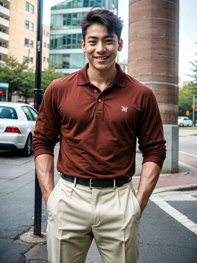 (best quality, 4K, 8k, high resolution, Masterpiece: 1.2), Special details, (realistically, As realistic as a photo, photo realistic: 1.37), Edge lighting, Extra detailed coloring, sharp focus, Physical rendering ,Extremely detailed description,professional,light color,Bokeh,Portrait,look at the viewer, Young Asian man, 20 years old ,(wearing a brown polo shirt), smile ,Wide yard