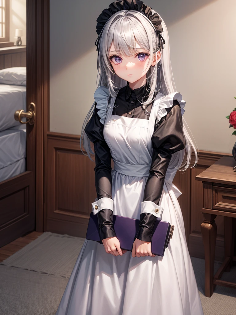 One girl,Gray Hair,Purple eyes,Maid,Long Hair,Tarem&#39;s eyes,Yandere,2-pin,Focus on the legs,Place your hands on your thighs, X-shaped hair band,From below,Half-closed eyes,Close,blush,sweating,bare feet,feet,(5 toes 1.5),onlys of feet,feet focus,sweating,bare feet,Farfa,From below,feetを上げる,only,feet,View your viewers