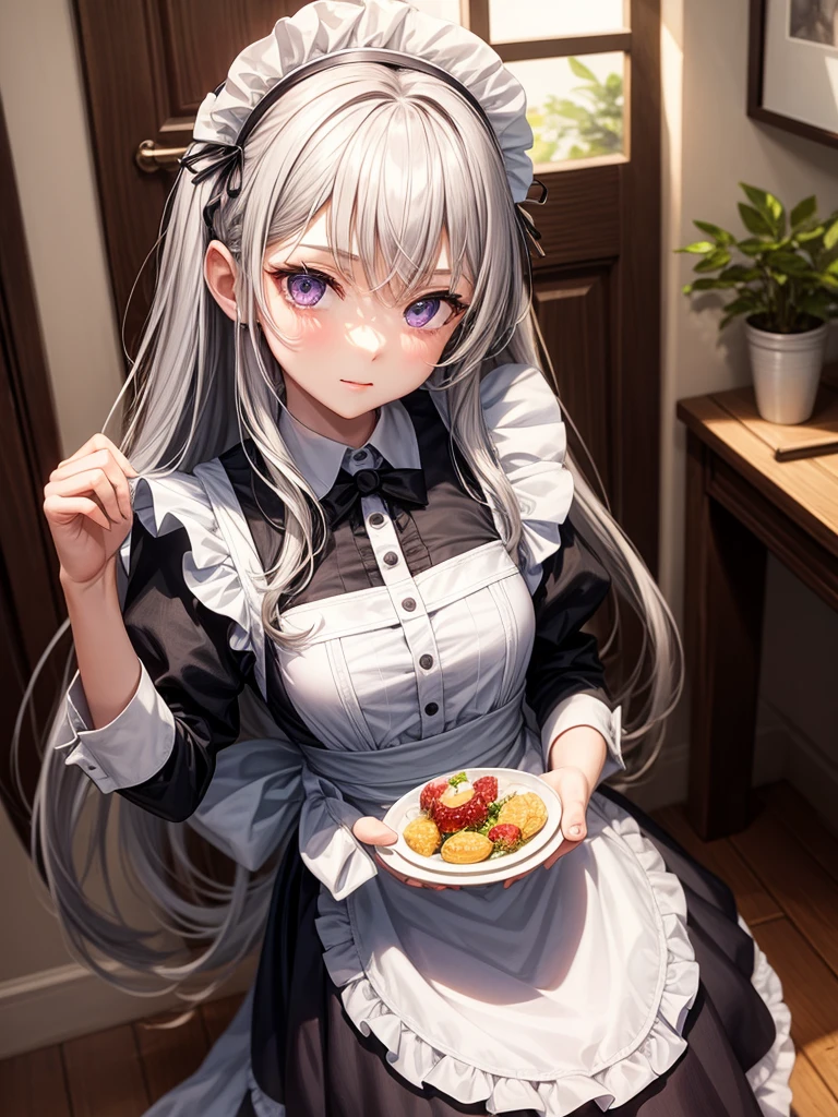 One girl,Gray Hair,Purple eyes,Maid,Long Hair,Tarem&#39;s eyes,Yandere,2-pin,Focus on the legs,Place your hands on your thighs, X-shaped hair band,From below,Half-closed eyes,Close,blush,sweating,bare feet,feet,(5 toes 1.5),onlys of feet,feet focus,sweating,bare feet,Farfa,From below,feetを上げる,only,feet,View your viewers