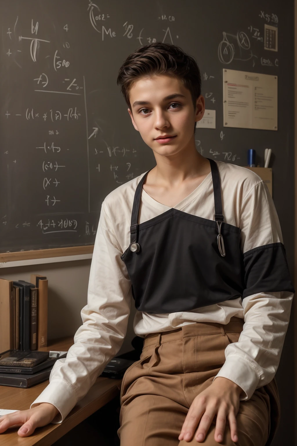 A young male twink, 22 years old, with a cute, angel-faced face with makeup and black hair, wearing a luxurious, white, long-sleeved shirt and brown medieval pants. Behind him is a blackboard with mathematical equations written on it, and he looks proudly as he sits at a desk with medical tools on it.