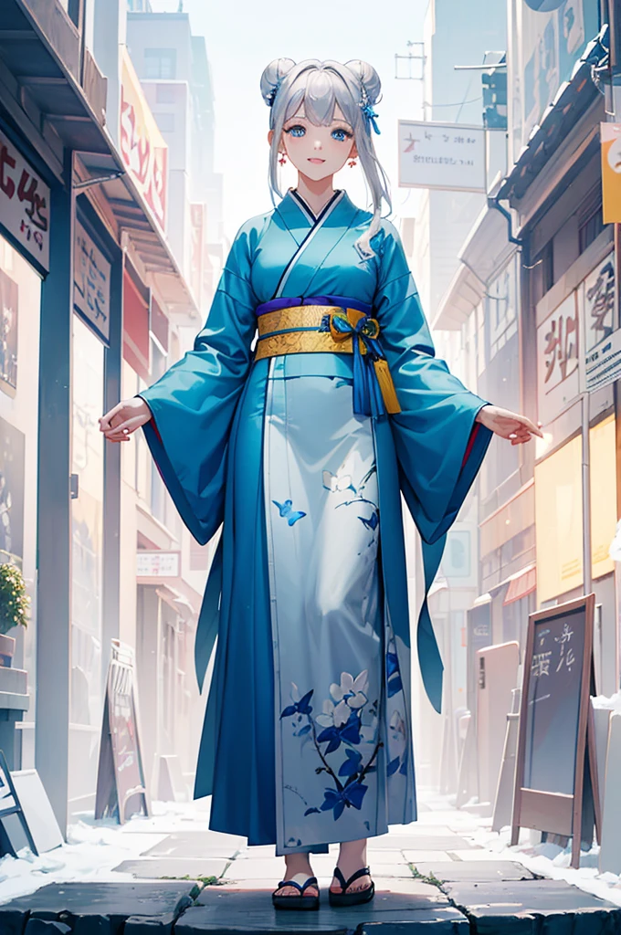 High resolution, masterpiece, accurate, Anatomically correct, Winner of numerous awards, Highest quality, High-resolution model, 
One girl, solo, 
Silver Hair，Bun Hair, 
Crystal Earrings, Ice Blue Eyes, Butterfly Hair Ornament Smiling Yukata, Apple candy in one hand, Festival full body